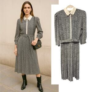 Vintage L Silky Secretary Midi Dress Pleated Puff Shoulder Sezane Collar Chain